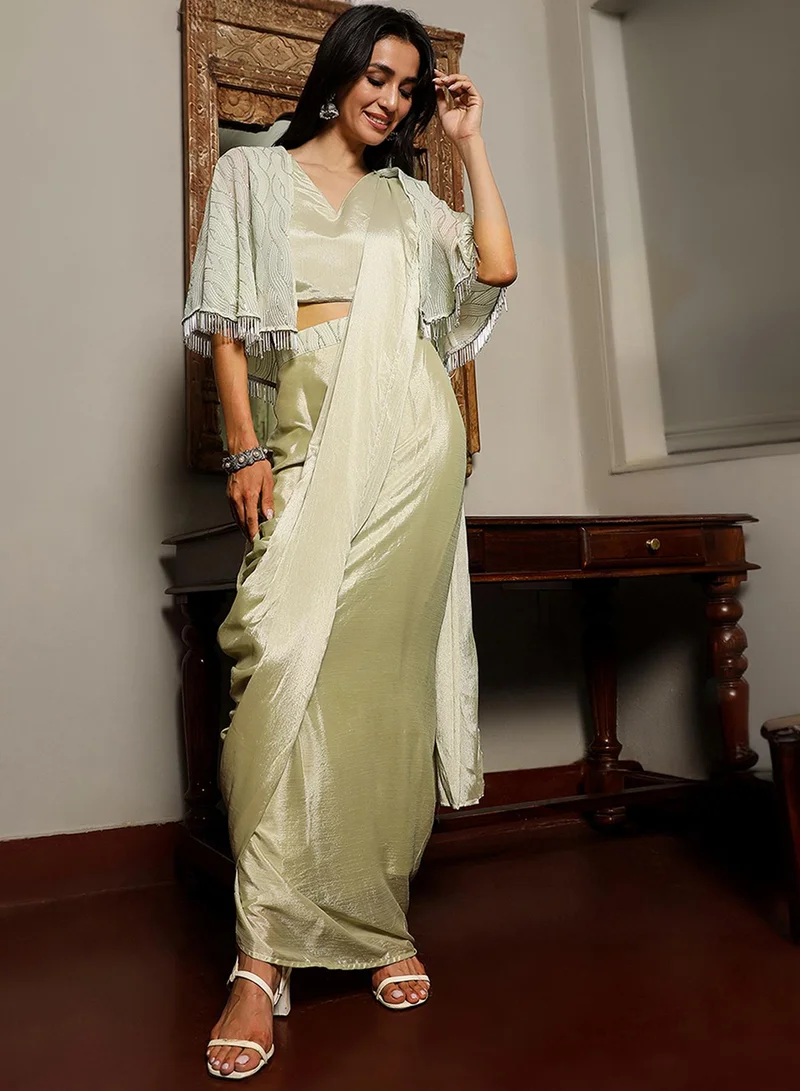 قصة Women's Sage Green Bijou Cape Pre-Draped Saree For Casual Wear | V-Neck | Cape Sleeves | 1 Piece Pre-Draped Saree Designed With Comfort Fit For Everyday Ethnic Wear
